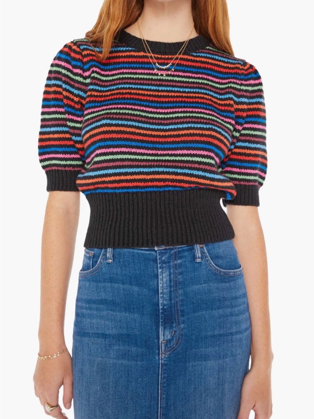 MOTHER The Powder Puff Lite Bright Striped Puff Sleeve Knit Sweater Size M GUC